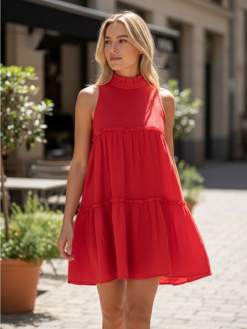 Pomander Place Bright Red Ruffled Mock-Neck Mini Dress